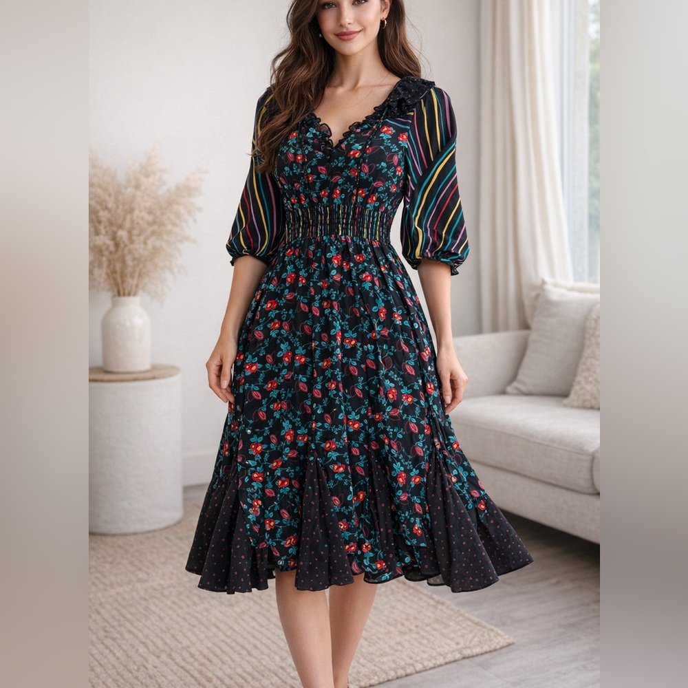 Betsey Johnson New York Vintage 90s Silk Floral Long Sleeve Dress - Picture 1 of 12